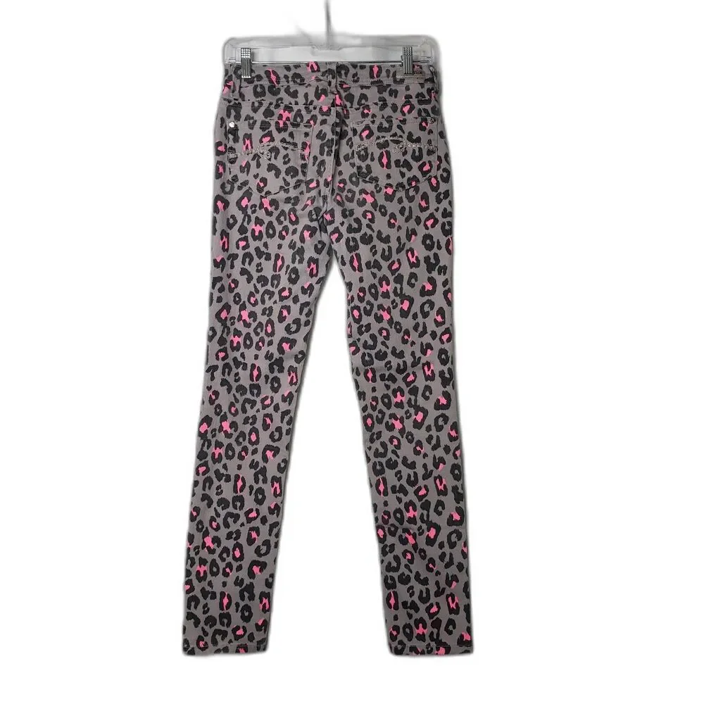 JUSTICE Gray Stretch Jeans with Pink and Black Leopard Spots Girls Size 16R